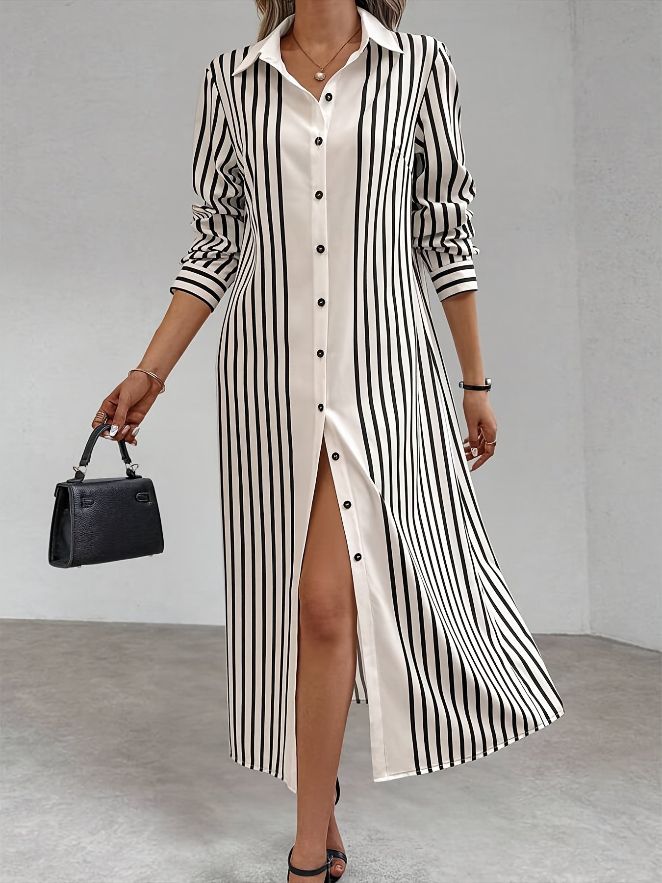 Elegant Striped Long Sleeve Shirt Dress with Lapel Collar and Button Details - Chic Spring/Autumn Women'S Shirting, Long Sleeve Dress